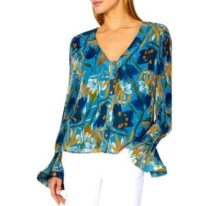 Milly Greer Watercolor Azalea Floral Blouse Pleated Sleeves  Lined Size M NWT